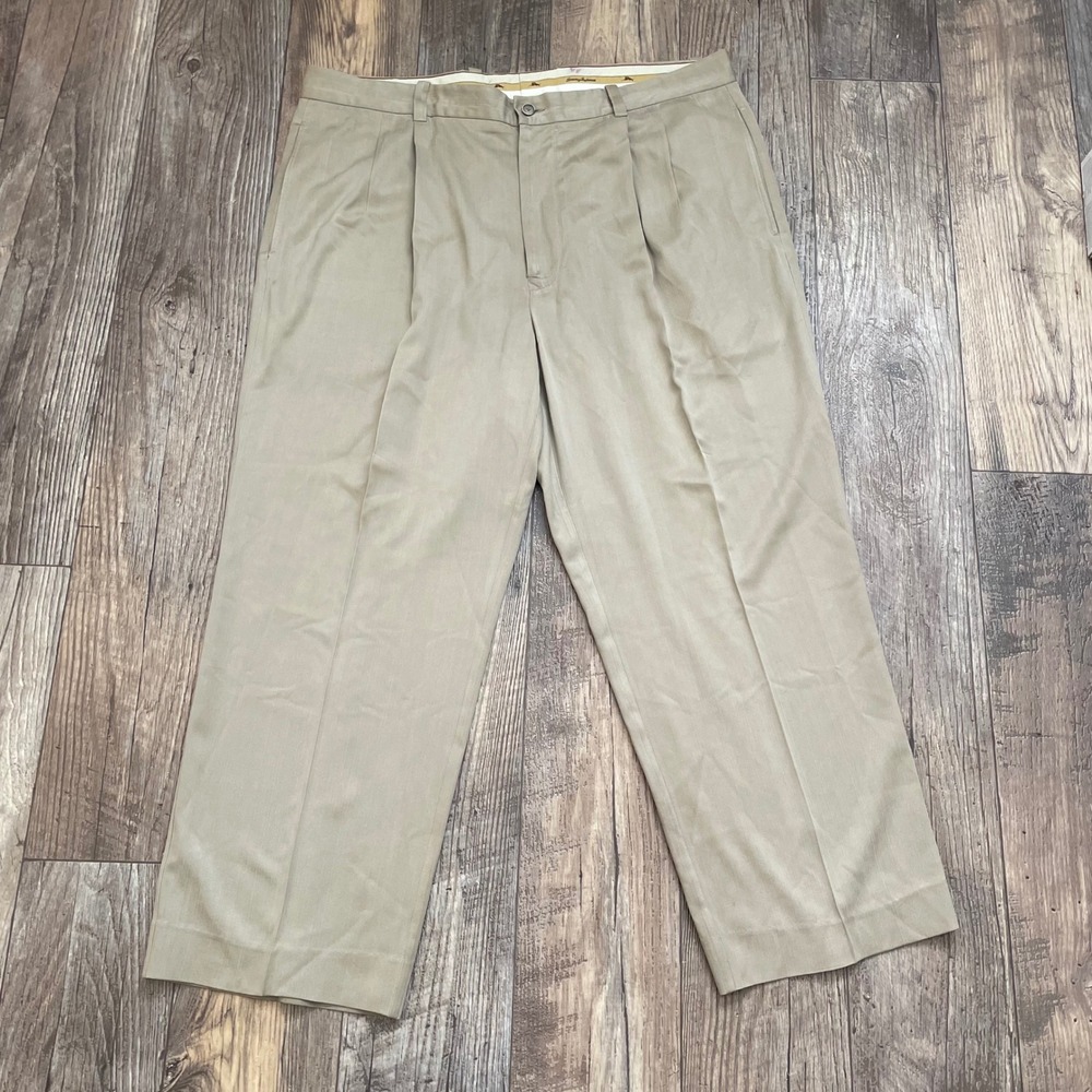Tommy Bahama Mens Khaki Pleated Silk Rayon Blend Dress Pants 38x28 *hemmed*